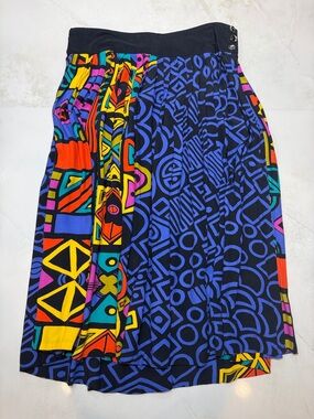 Vintage Abstract Print Midi Skirt Colorblock Artsy 90s Rayon Size 10